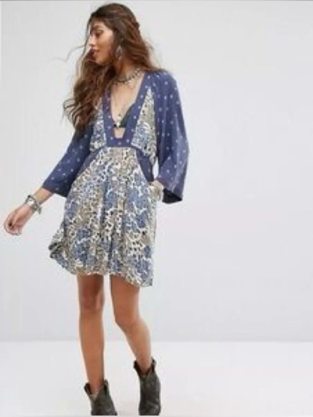 Free People Tululla Floral Patchwork Deep V Boho Mini Tunic Dress XS